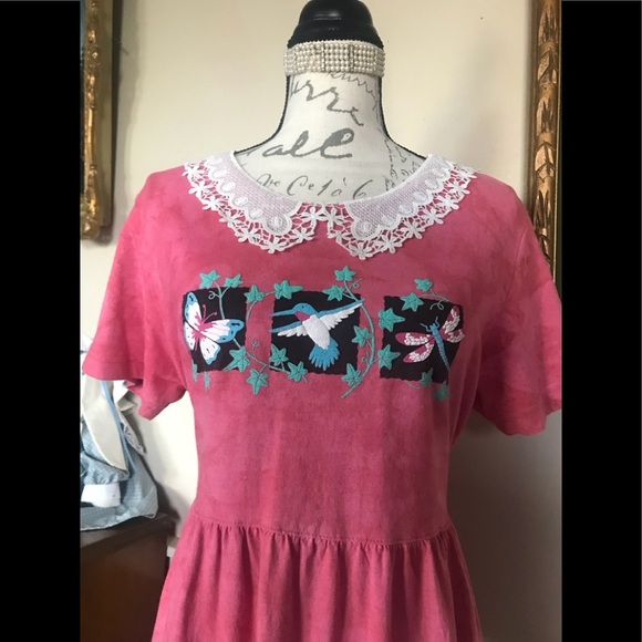 Rare Pink Tie Dye Hummingbird Lace Collar Dress M - Picture 6 of 15